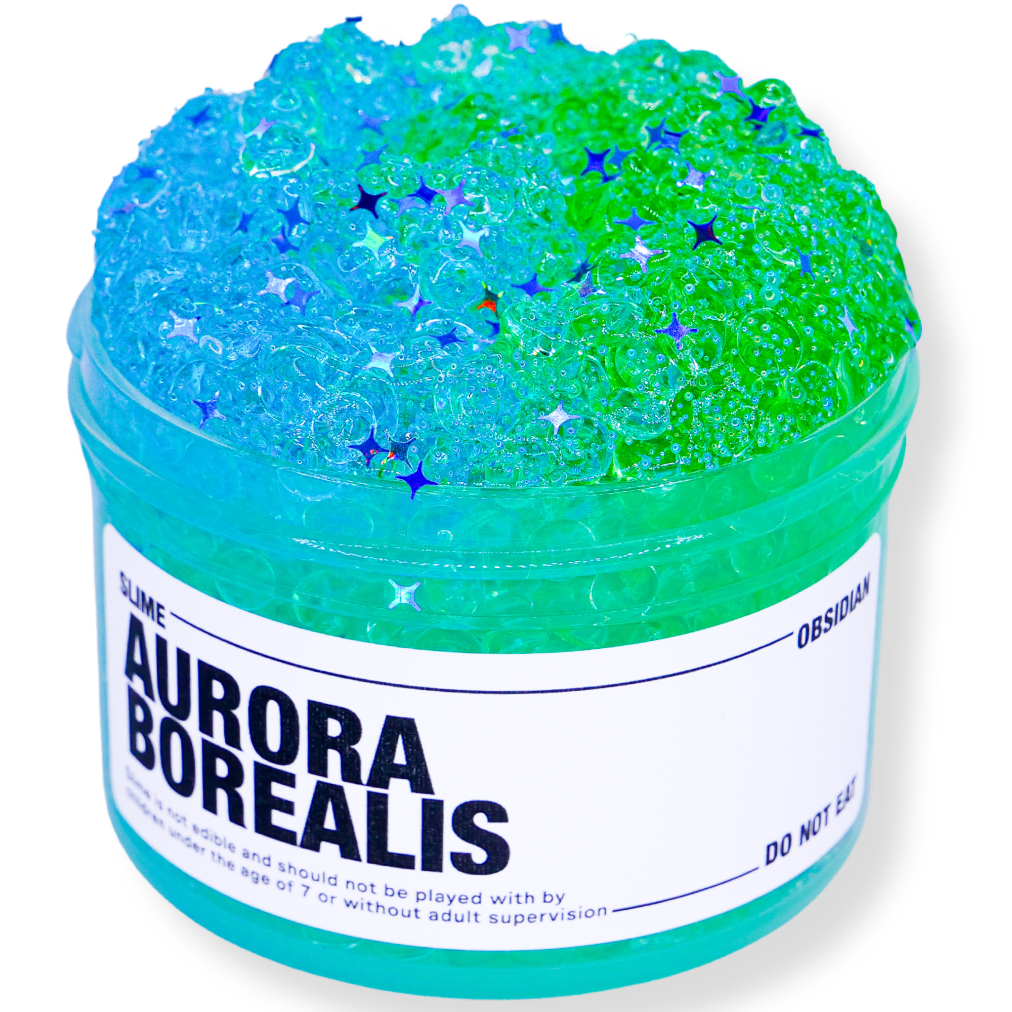 A vibrant half-blue, half-green fishbowl bead slime inspired by the Aurora Borealis. The slime features clear, colorful beads that create a sparkling effect, mimicking the glowing waves of the Northern Lights. Perfectly textured for a satisfying and visually stunning experience.